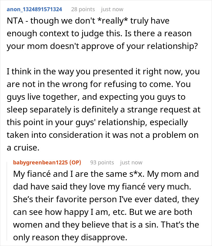 Woman faces dilemma after mother controls her sleeping arrangement with her wife-to-be in relationship conflict discussion.