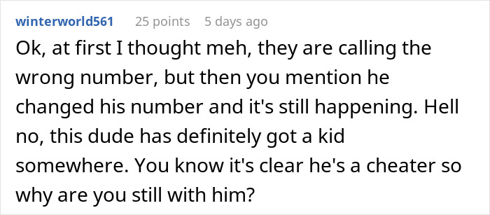 A Reddit comment accusing a husband of having a secret child due to suspicious behavior and changed numbers.