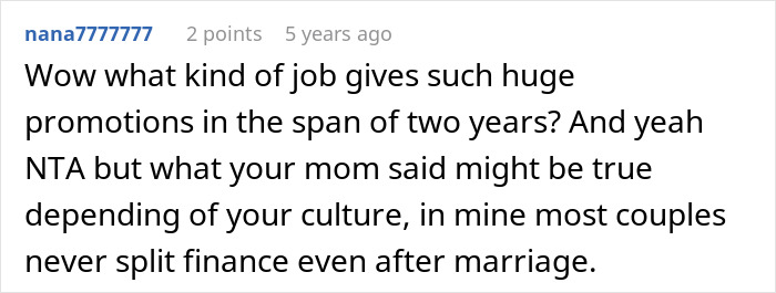 Reddit comment about promotions and cultures that don't split finances, relevant to a man turning tables on his girlfriend.