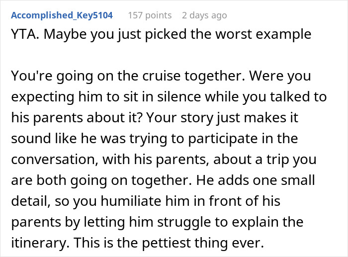 Man Upset Spouse Stopped Telling His Parents About Their Vacation Because He Interrupted Them Man Upset Spouse Stopped Telling His Parents About Their Vacation Because He Interrupted Them