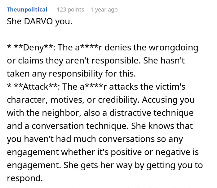 A screenshot of a Reddit comment detailing DARVO tactics, relevant to a man's world shattering after a double betrayal.