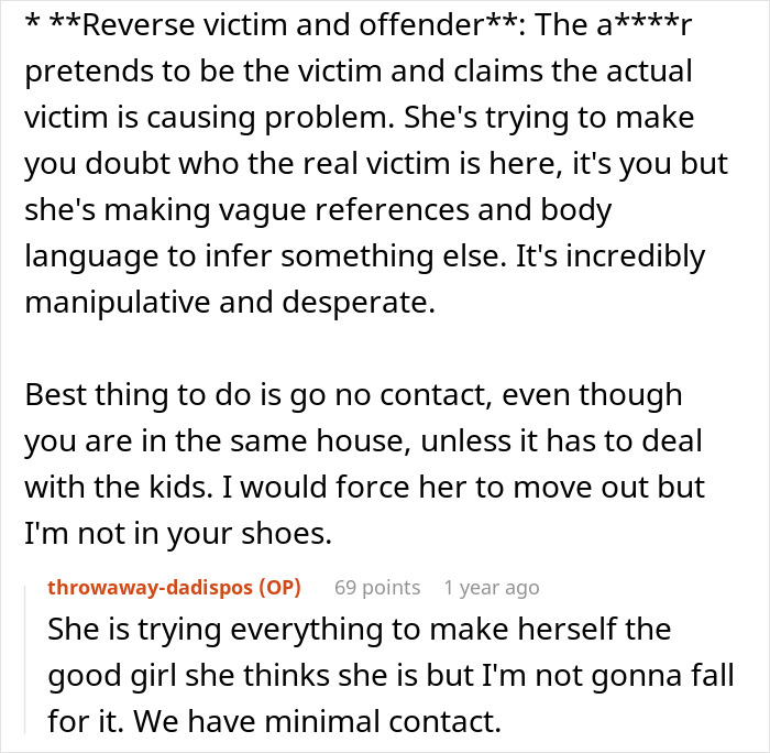 Screenshot of a Reddit post discussing a double betrayal and a reverse victim/offender tactic in a relationship.