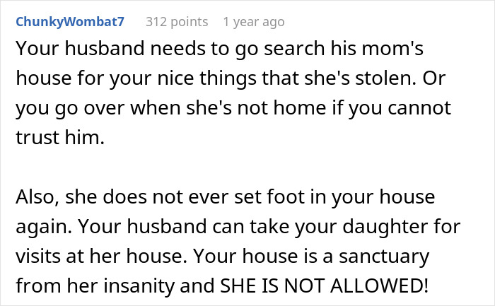 Text from a MIL drama subreddit post, user ChunkyWombat7 advises setting boundaries to protect a house from an invading MIL.