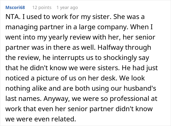 Screenshot of a Reddit comment discussing working for her sister and professional relationships after a job downsizing.