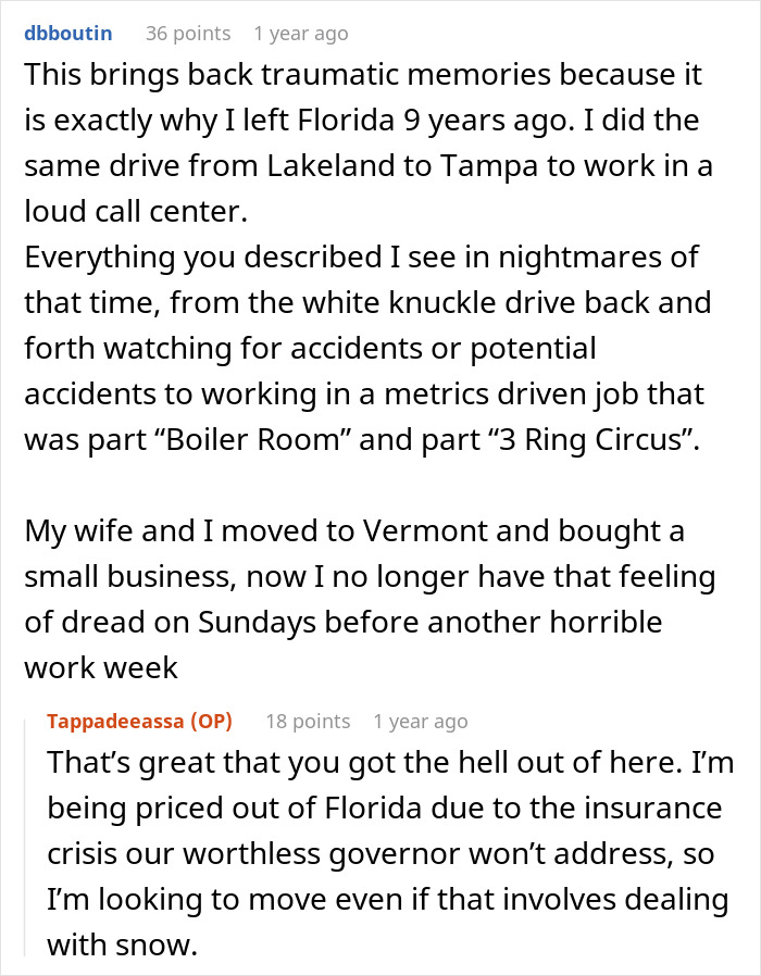 Screenshot of a forum discussing the stress of commutes after working from home ended and people wanting to escape long drives. Screenshot of a forum discussing the stress of commutes after working from home ended and people wanting to escape long drives.