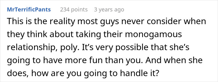 Comment discussing challenges men face when their partner embraces an open marriage and rediscovers herself. Comment discussing challenges men face when their partner embraces an open marriage and rediscovers herself.