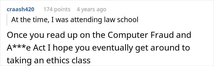 A Reddit comment about law school and Computer Fraud, related to a wife's friend taking revenge on a guy.