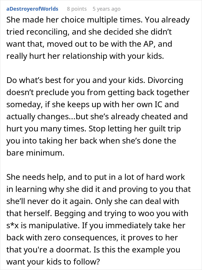 A Reddit post from aDestroyerofWorlds advising someone not to cancel their divorce and address a ruined marriage after an affair.