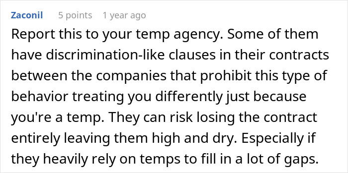 Comment recommending reporting discrimination-like clauses in temp contracts to agencies to prevent unfair treatment of temp workers.