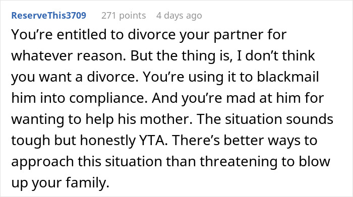 Woman Threatens Divorce If Husband Financially Contributes To His Mother's Care: "Told Him That Is Nuts"