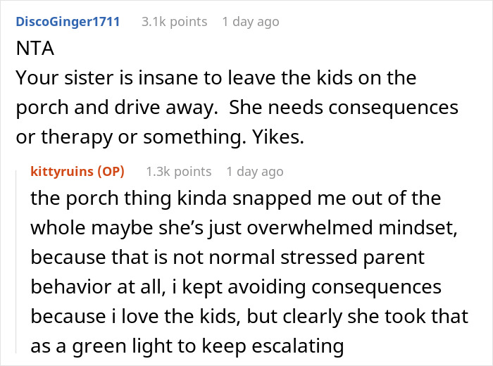 Reddit comments discussing a man forced to change locks and threaten sister with police after she abandons kids.