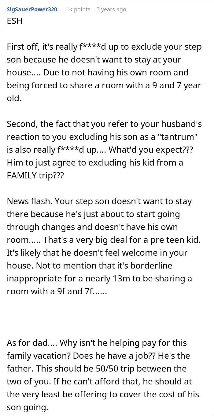 Reddit comment discussing woman paying for family vacation and excluding stepson who wouldn&rsquo;t enjoy the trip.