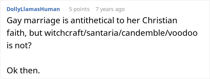 Text post discussing conflicting views on gay marriage versus witchcraft and voodoo in a religious context.