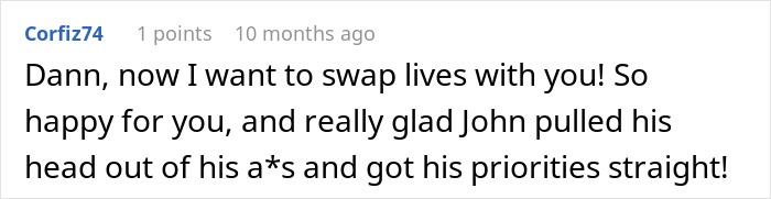 Comment praising John for prioritizing family after neglect, highlighting husband neglects pregnant wife and chosen family conflict.