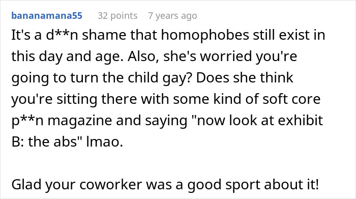 Comment text discussing homophobia and mentioning a homophobic MIL trying to get son&rsquo;s boyfriend arrested by a fake cop.