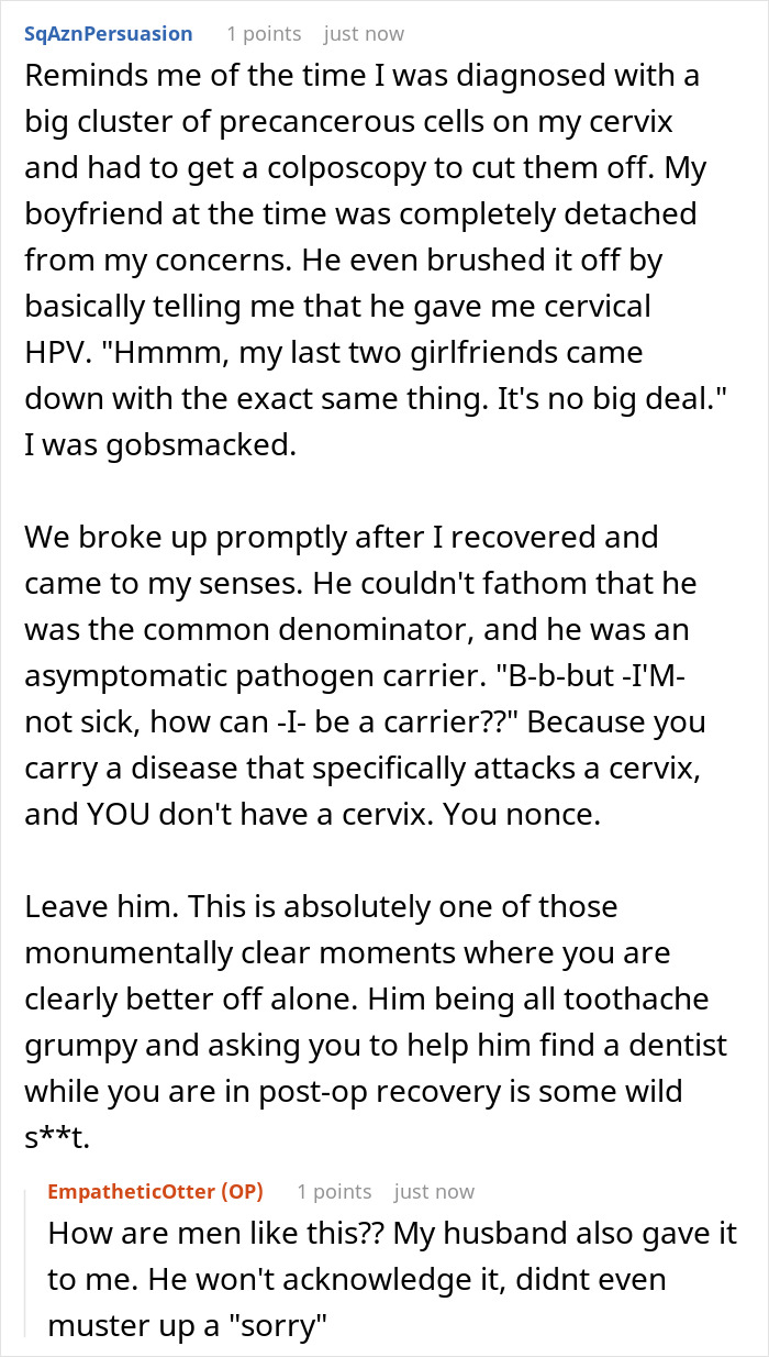 Reddit post details a woman's cervical cancer diagnosis, her boyfriend's neglect, and similar experiences. Shows how a husband refuses to help because of a toothache.