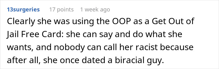 A Reddit comment discussing a GF saying a racist thing, using past dating history with a biracial guy as an excuse.