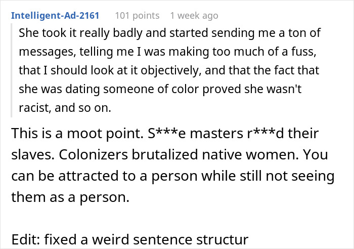 Reddit post about a GF saying a racist thing, defending herself using her relationship, and a response on racism.