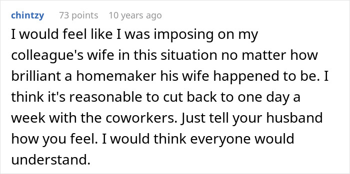 A Reddit comment from "chintzy" advises a wife to tell her husband how she feels about having to cook breakfast for his colleagues.