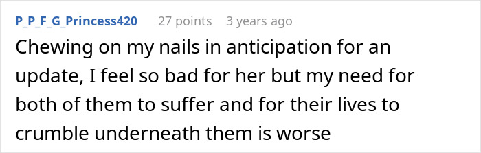 A Reddit comment from P_P_F_G_Princess420, with 27 points, expressing anticipation and a desire for suffering after an affair exposure.