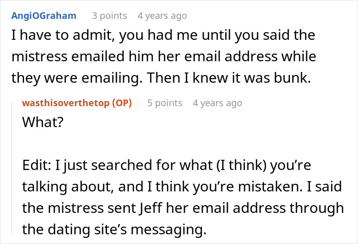 A Reddit comment thread where users discuss a story of a guy, wife, and mistress, referencing details about emails.