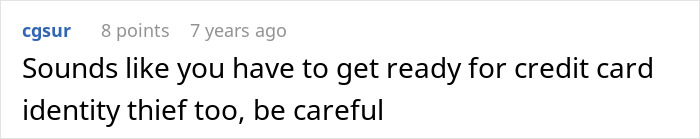 Screenshot of a social media comment warning about credit card identity theft from a criminal exposed by his ex-girlfriend.