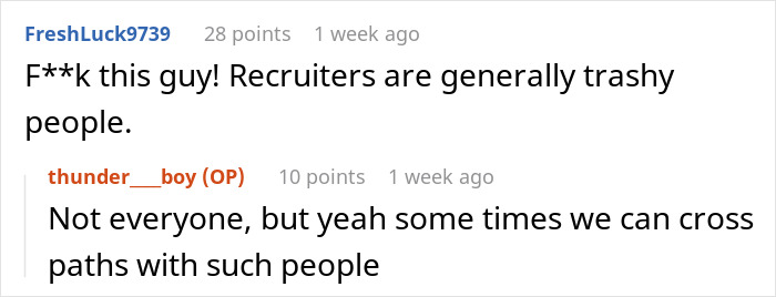 Reddit comments discussing recruiters, featuring a comment about a job candidate literally speechless and hanging up mid-interview.