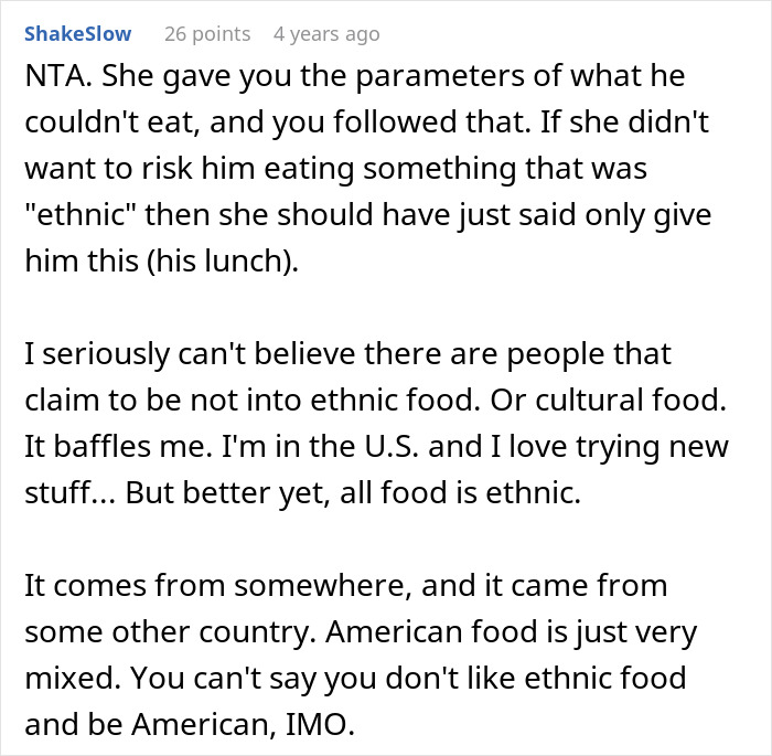 Reddit screenshot: User ShakeSlow defends babysitter's food choices for a child, arguing on ethnic food and a son's vegan transition.