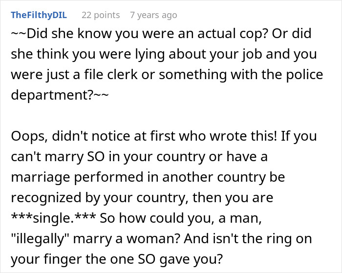 Reddit comment discussing a homophobic MIL's attempt to involve a fake cop against her son&rsquo;s police officer boyfriend.
