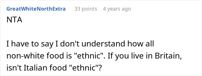 Reddit comment by GreatWhiteNorthExtra (NTA) questioning ethnic food definitions, in an article discussing a son's vegan transition.
