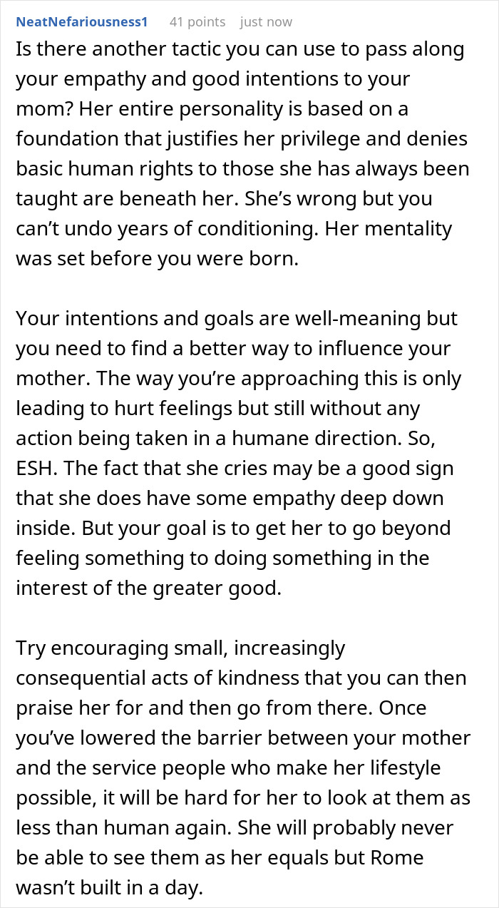 Comment text discussing wealthy mom&rsquo;s hypocrisy toward house help and teen&rsquo;s callout of family treatment and shed living conditions.