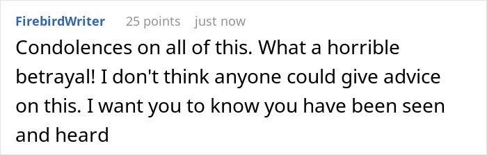 A supportive online comment offering condolences and validation for a situation involving a husband, house, hoarder, and finances.