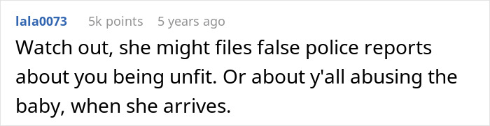 Screenshot of a user comment warning about mom's creepy behavior and false police reports related to the baby and unfit parenting.