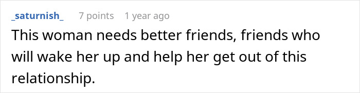 Reddit comment suggesting a woman needs better friends to help her leave a relationship, referencing the married man's actions.