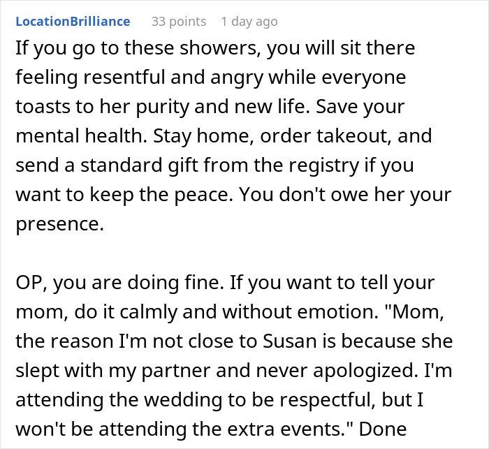 Text excerpt about a lady hooking up with her sister&rsquo;s boyfriend and family wanting her to attend the wedding.