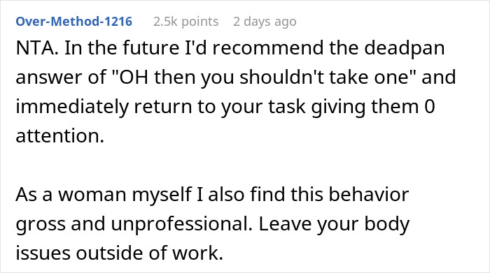 Reddit comment discussing a coworker's candy routine and office opinions on unprofessional behavior at work.