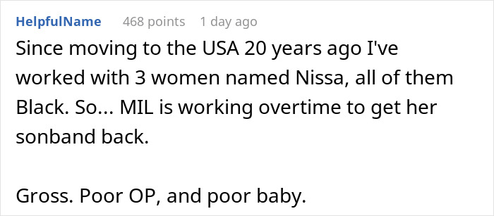A Reddit comment discussing MIL interference with a baby name, highlighting the drama of a messy fight.