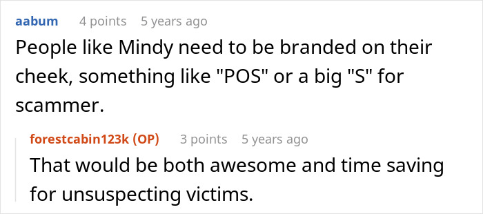Commenters discuss branding a woman as a scammer to warn unsuspecting victims about cheating and scamming.