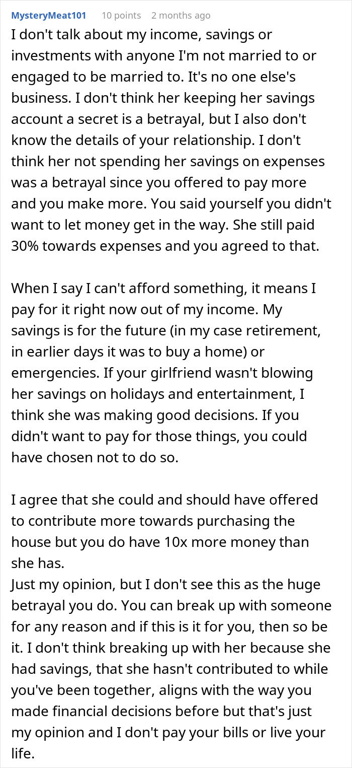 Comment discussing relationship trust issues over a girlfriend pretending to be broke despite having significant savings.