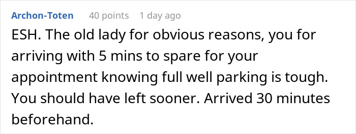 Comment discussing a man missing a doctor&rsquo;s appointment after a parking spot fight with an old lady involving the police.