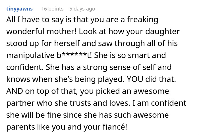 Comment praising a mother for raising a confident teen who confronts her dad after he forgot her birthday. Comment praising a mother for raising a confident teen who confronts her dad after he forgot her birthday.