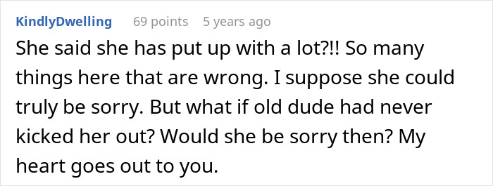A Reddit comment from KindlyDwelling with 69 points, 5 years ago, discussing a woman's affair and marriage divorce.