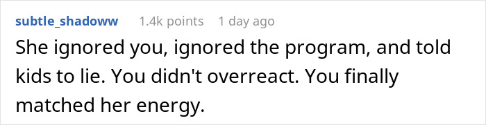 Screenshot of a Reddit comment about a parent noticing their kid received food they were not supposed to get.