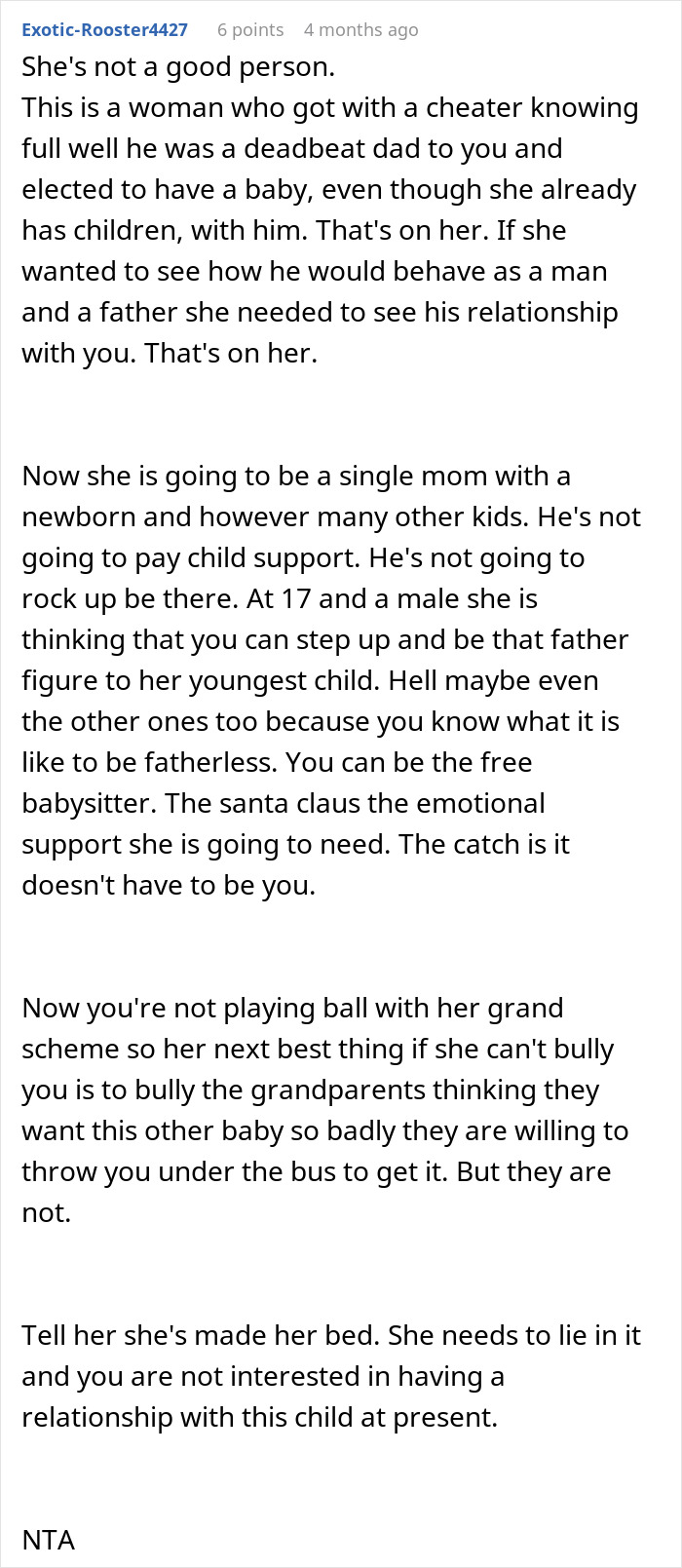 Screenshot of a Reddit comment discussing a pregnant woman forcing her ex&rsquo;s teen son to help raise her baby and his refusal reaction.
