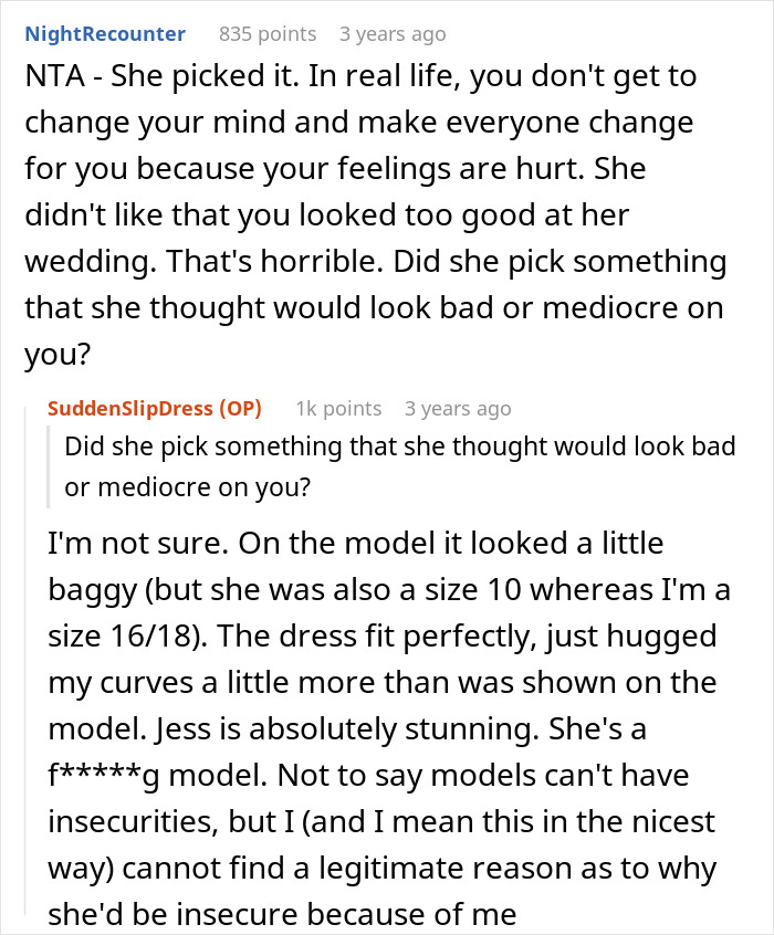 Reddit thread discussing a groom throwing out his sis from the wedding because she won't change the dress the bride picked.