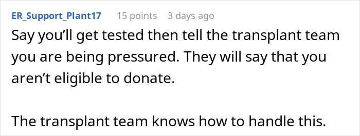 Screenshot of a forum comment advising about transplant team eligibility in a case involving kidney donation refusal.