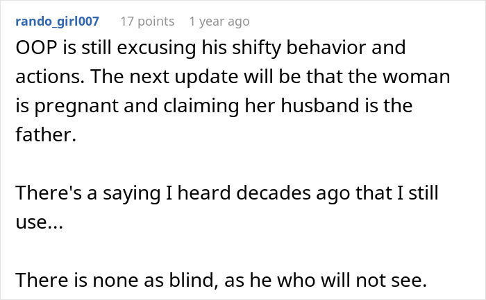 A Reddit comment about a married man acting like his hotel room stay with a woman is no big deal.