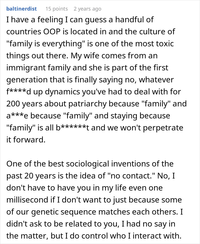 A screenshot of a Reddit comment discussing toxic family dynamics and the idea of "no contact" related to a donor baby.
