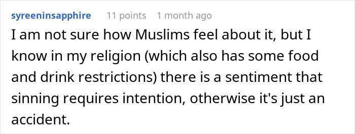 A Reddit comment on a post about a Muslim roommate unknowingly eating bacon fat, discussing sin and intention.