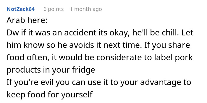 A Reddit comment from "NotZack64" advising on a situation where a Muslim roommate unknowingly ate food with bacon fat.